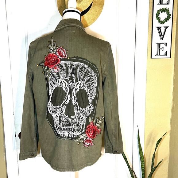 Boom Boom Jeans Green Denim Bomber Utility Jacket Sugar Skull Embellished Size S - Picture 3 of 9